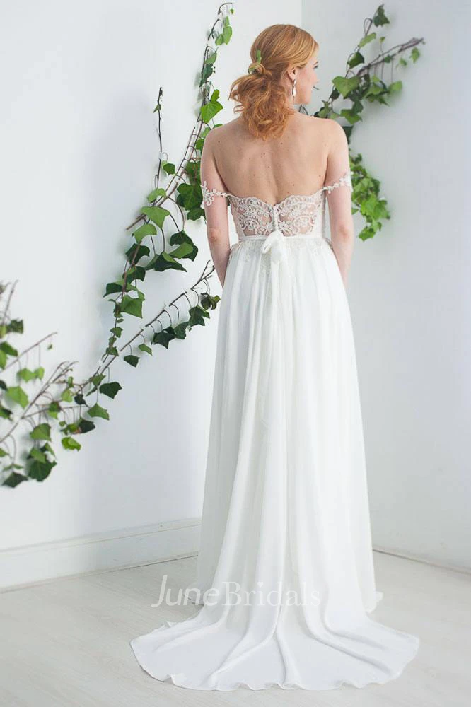 Chiffon Satin Beaded Lace Button Wedding Dress