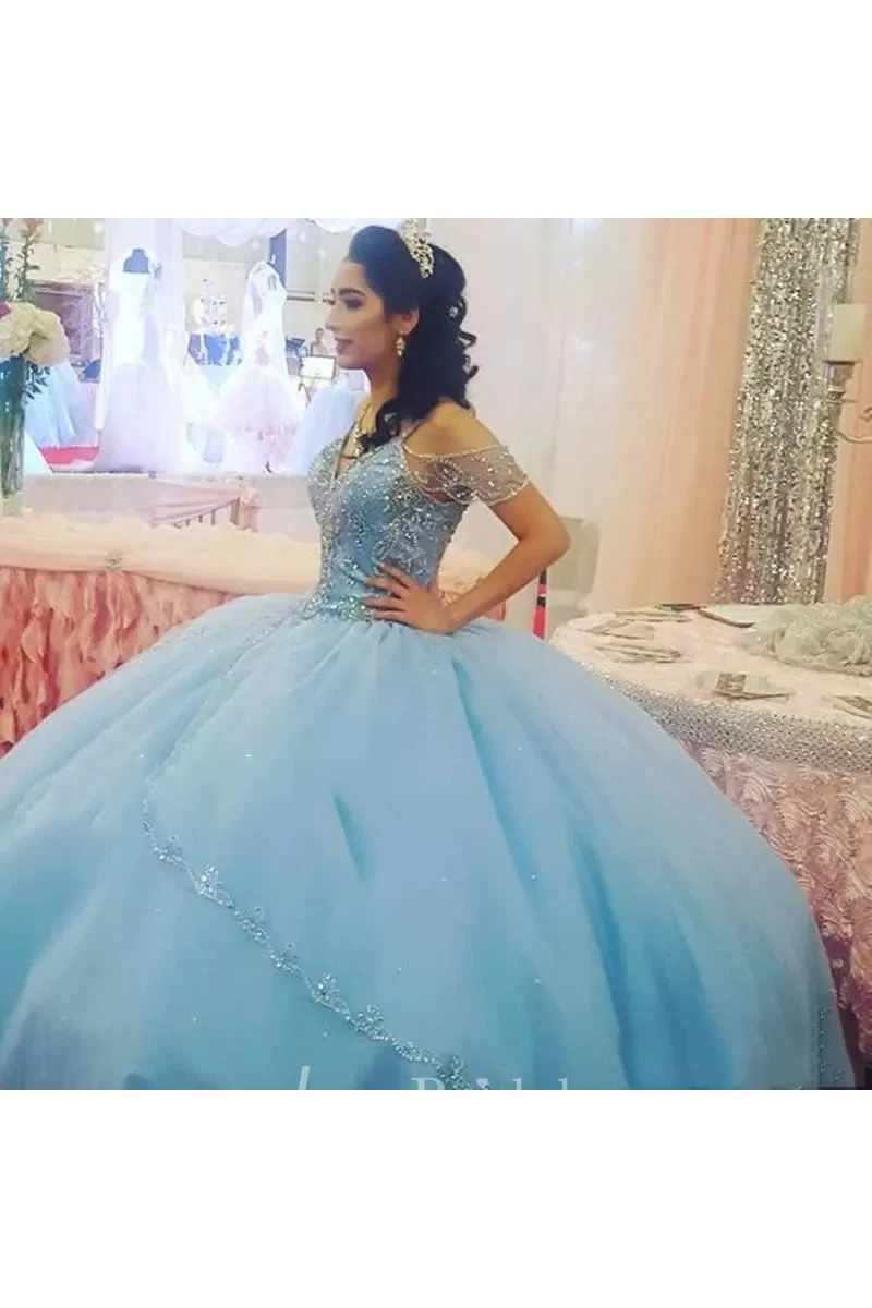 Ball Gown Off-the-shoulder Cap Sleeve Beaded Tulle Dress