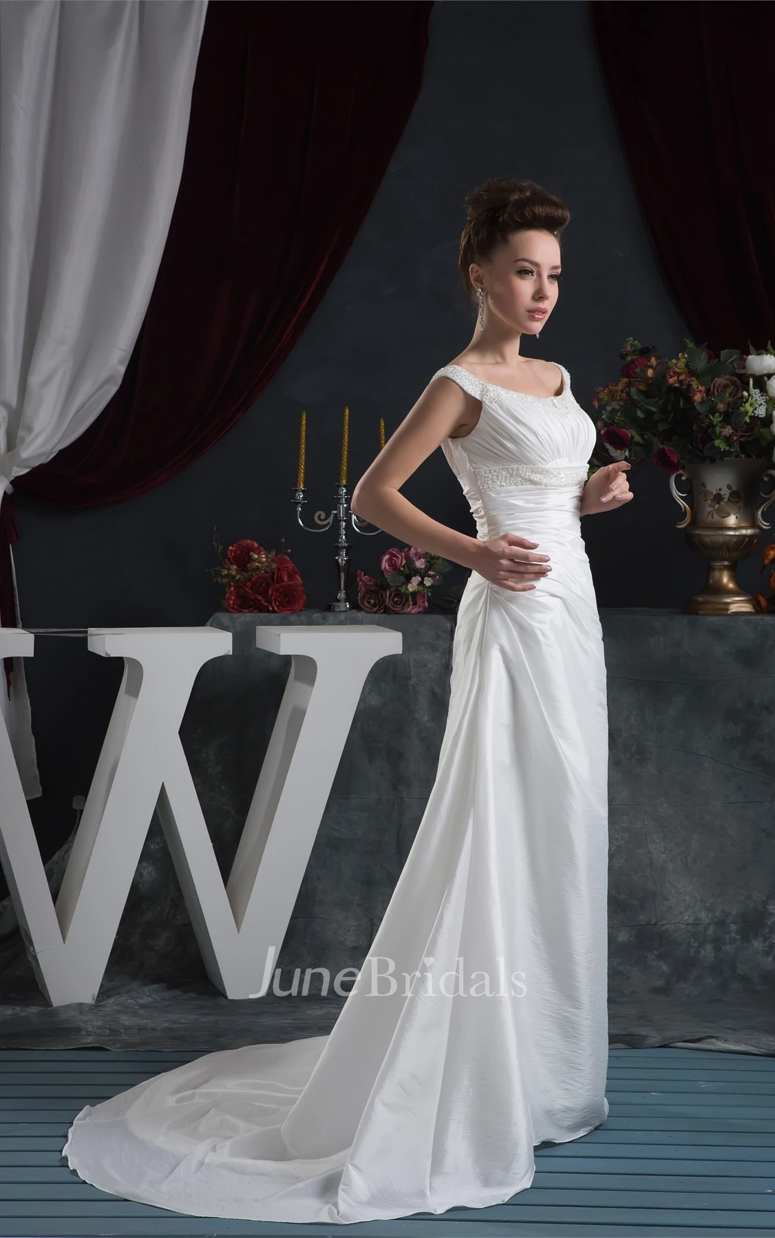 Strapped Ruched Taffeta A-Line Dress with Crystal Detailing