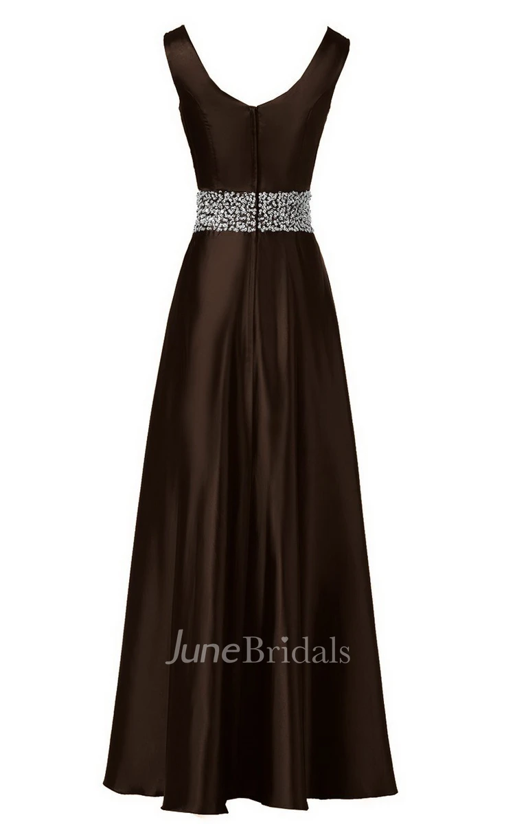 Sleeveless Pleated Satin Dress With Beading Belt and Trim