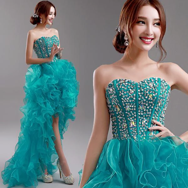 Sexy Ruffles Crystals Hi-Lo Prom Dress Sweep Train Sweetheart
