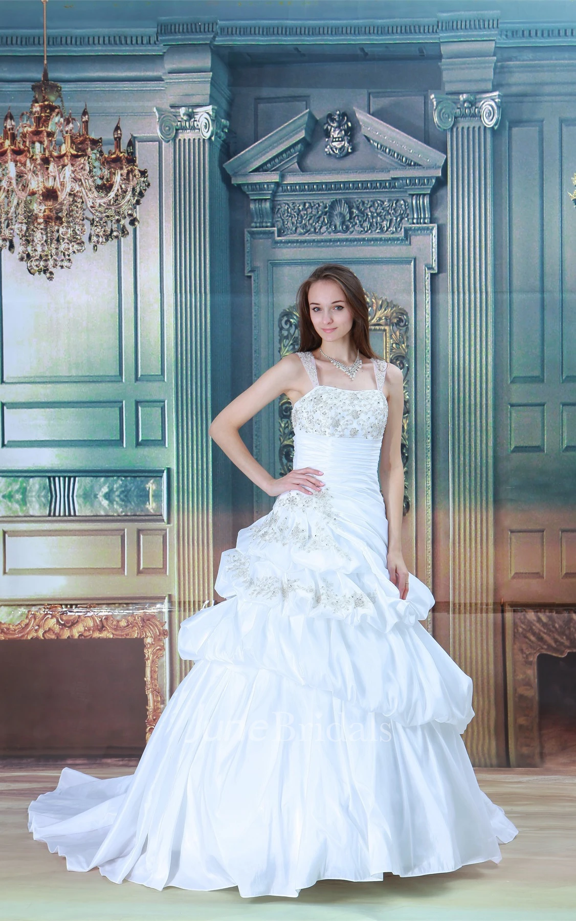 Noble Strapped Pick-Up Ball Gown with Appliques and Beading