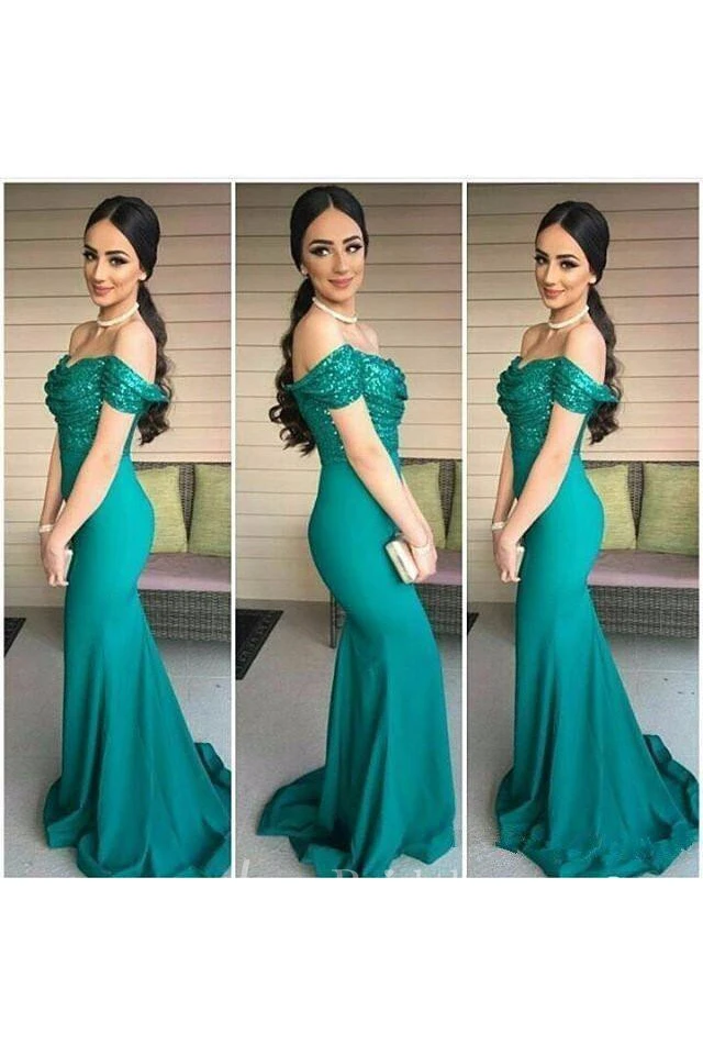 Off Shoulder Sequin Turquoise Evening Long Mermaid Party Dress
