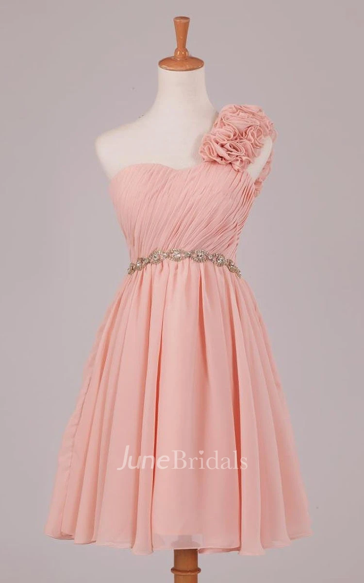 Floral One-shoulder Pleated Short Dress With Beaded Band