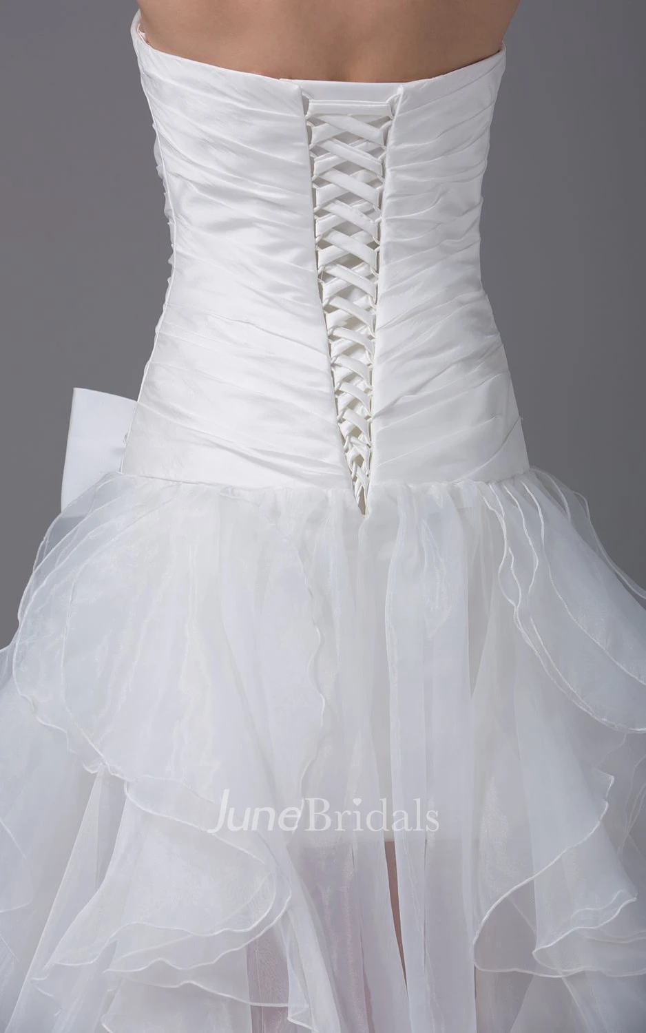 Strapless High-Low Organza Dress With Bow and Ruching