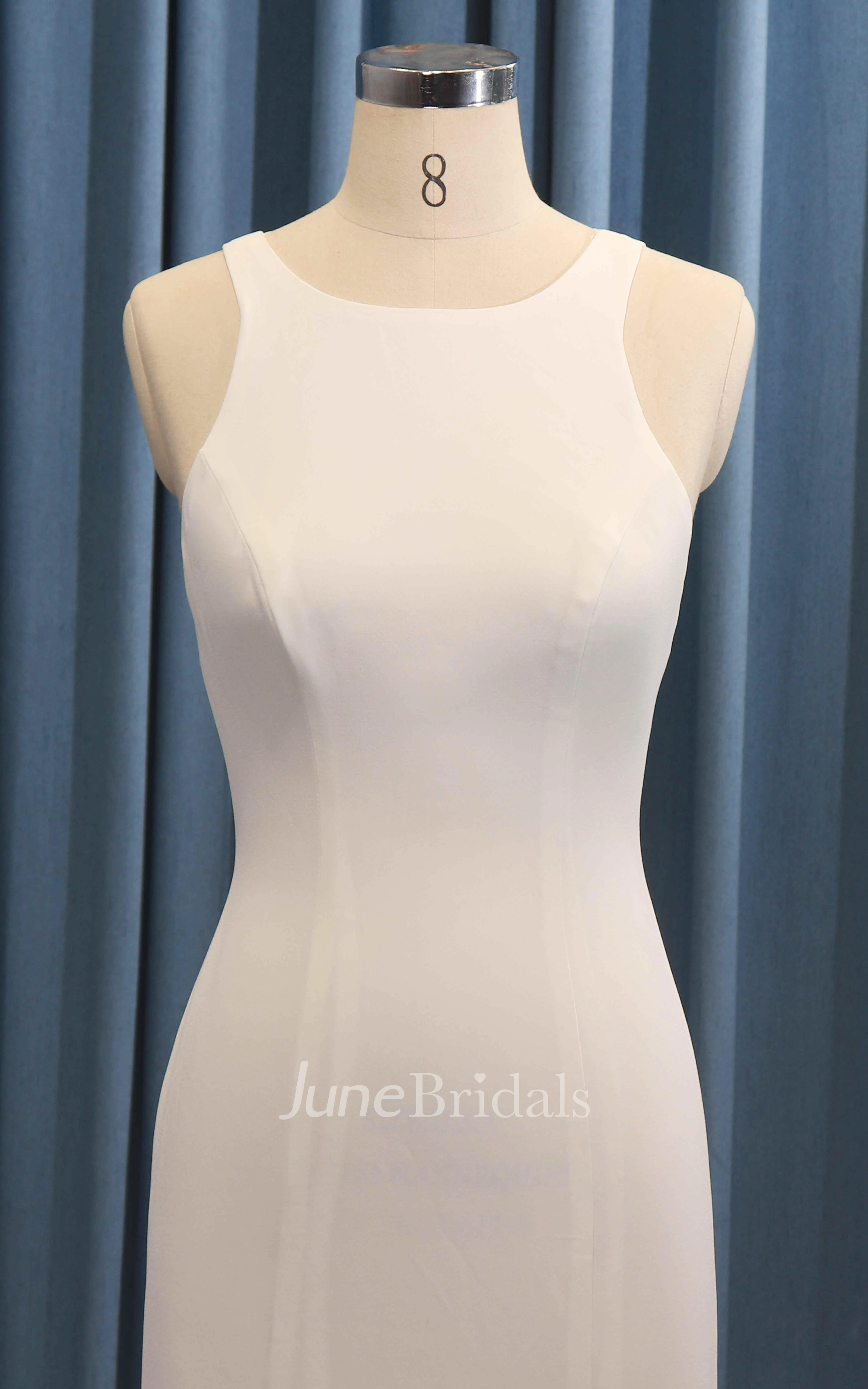 Satin Ruching Sleeveless Jewel Neck Mermaid Wedding Dress With Illusion Back With Buttons