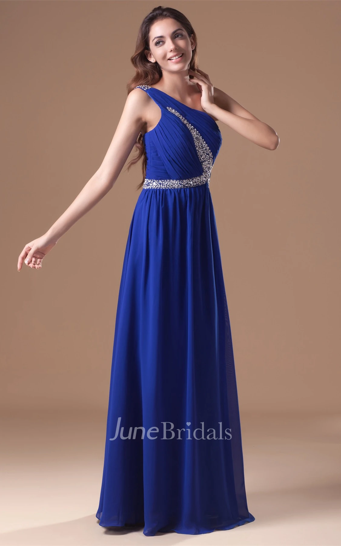 one-shoulder floor-length chiffon dress with strass