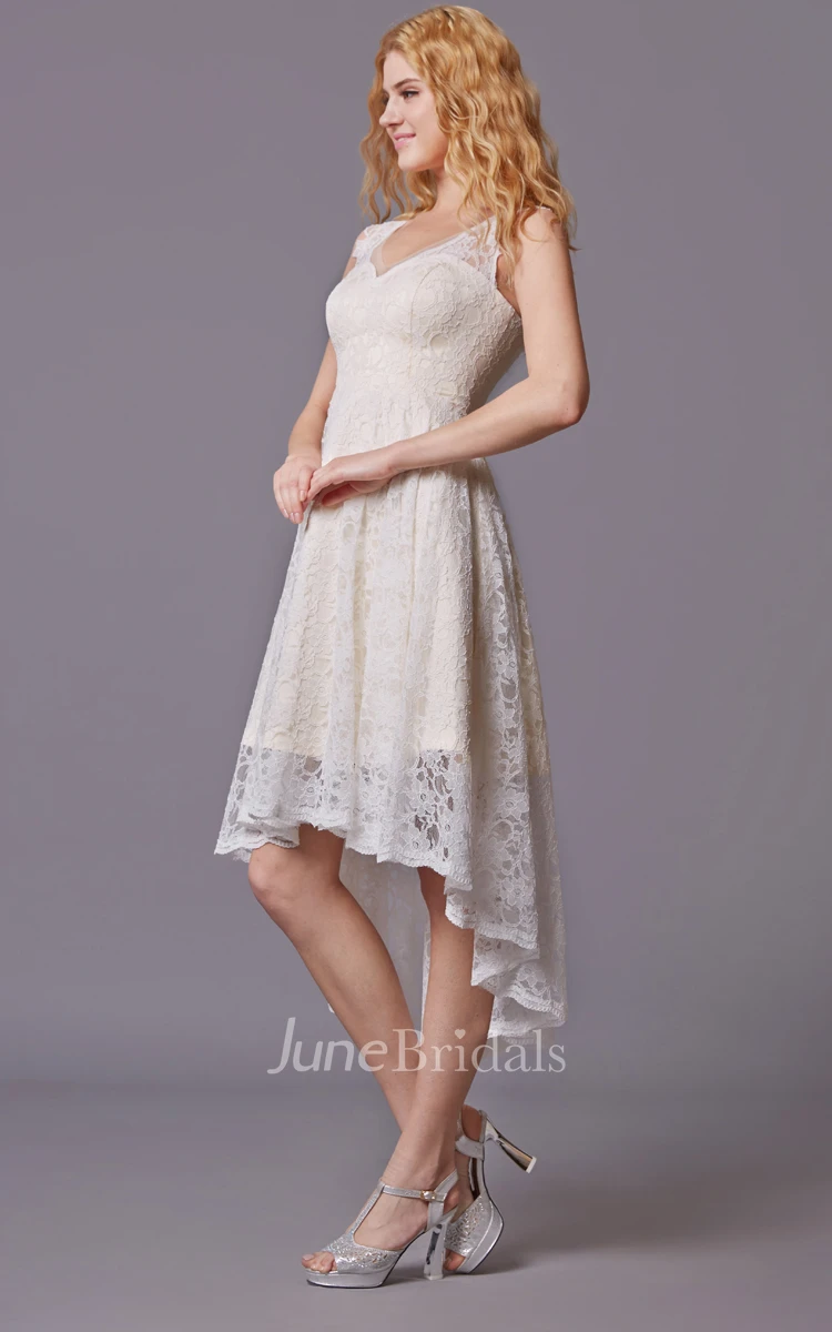 Sleeveless High Low Lace Bridesmaid Dress With V-neck