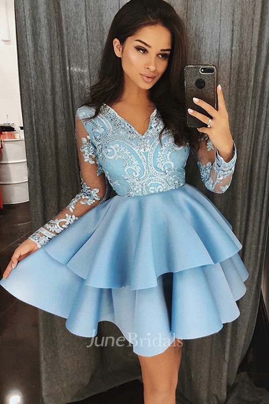 A-line V-neck Long Sleeve Beading Lace Ruffles Tiers Short A-line V-neck Long Sleeve Beading Lace Ruffles Tiers Short