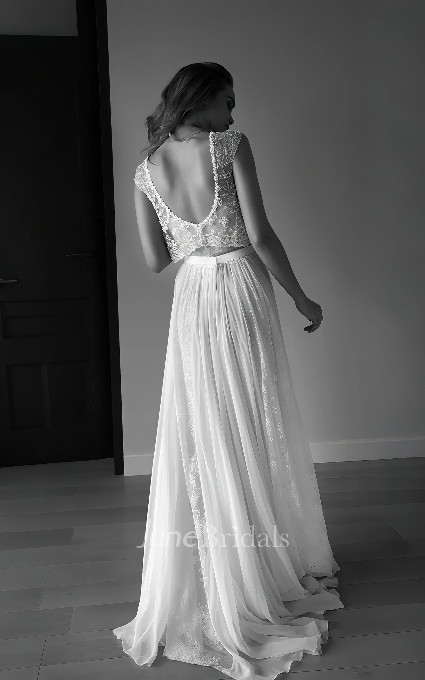 Elopement Boho Sleeveless Lace Wedding Dress Detachable A-Line Chiffon Beading Gown