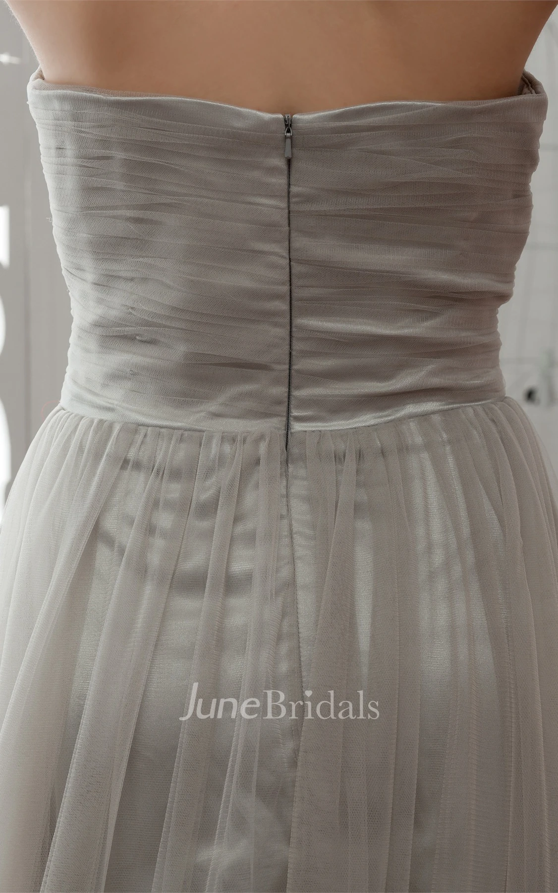 Strapless Tulle Floor-Length Gown with Flower and Pleats