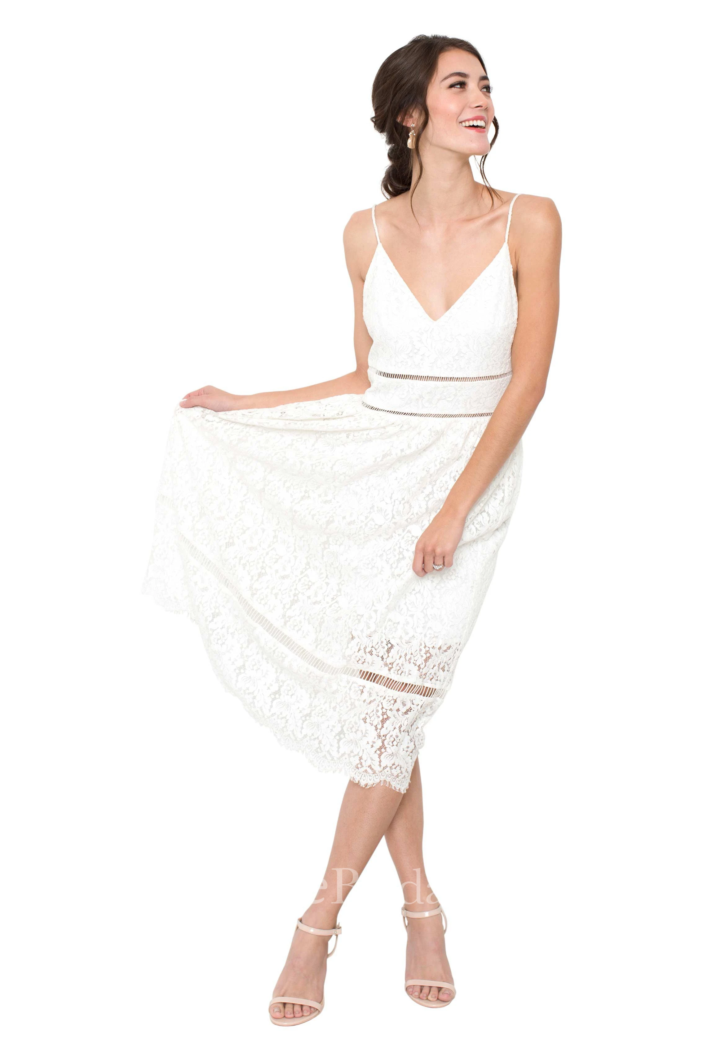 Pencil Tea-Length Spaghetti Sleeveless Lace Little White Dress With Deep-V Back