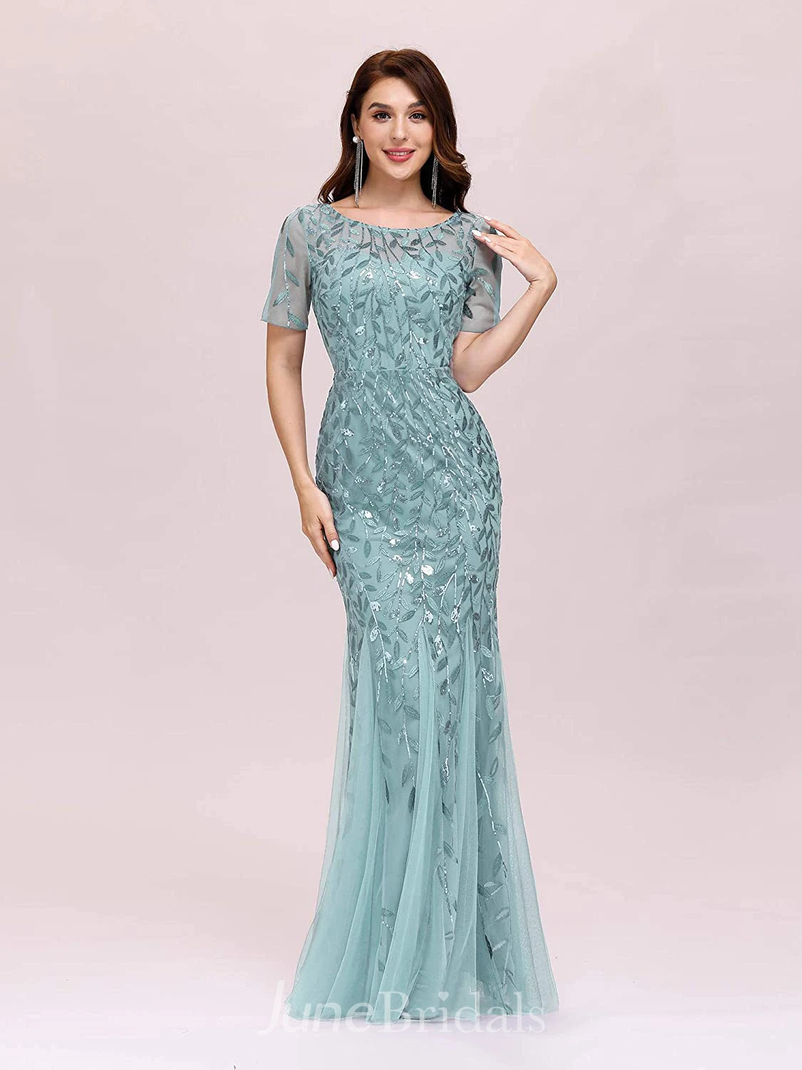 Vintage Mermaid/Trumpet Jewel Short Sleeve Prom Formal Dress with Pleats and Sequins