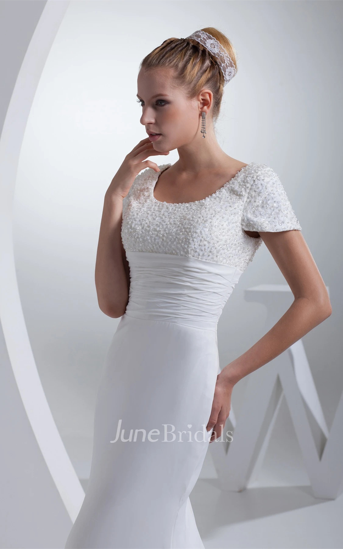 Square-Neck Short-Sleeve Sheath Dress with Ruching and Gemmed Top