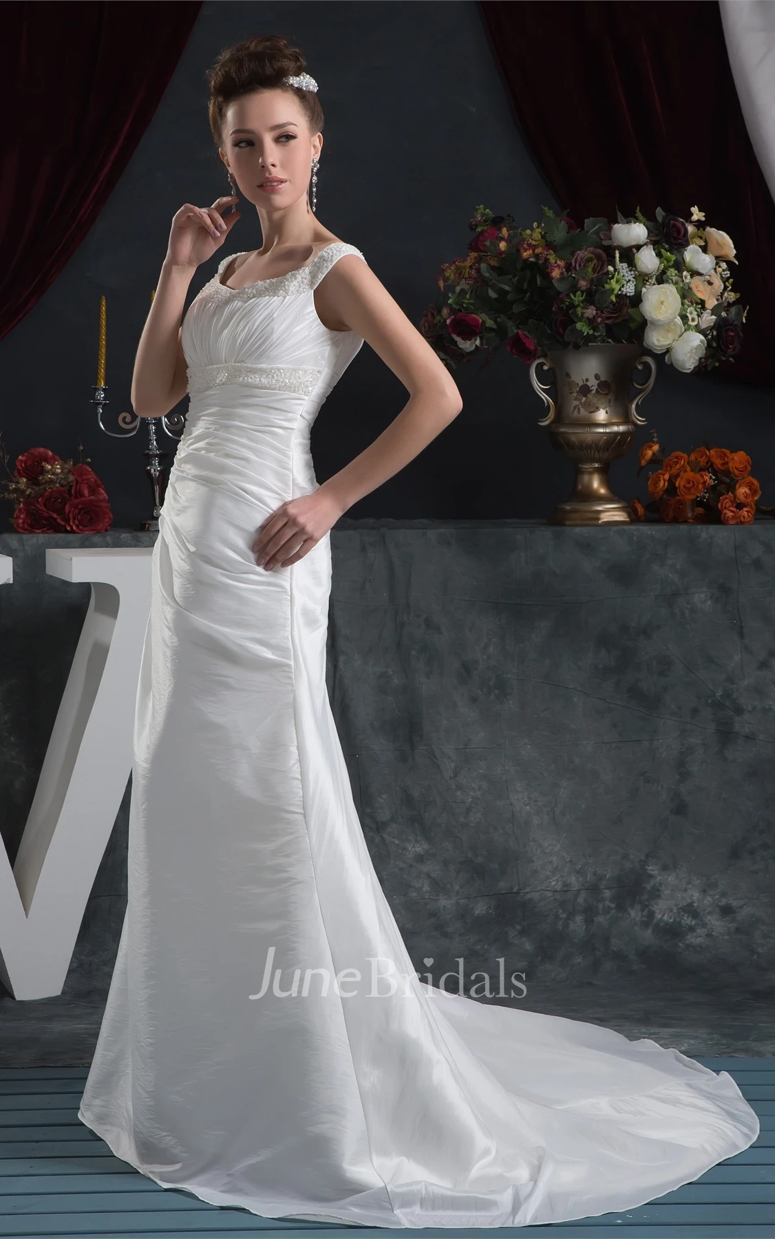 Strapped Ruched Taffeta A-Line Dress with Crystal Detailing