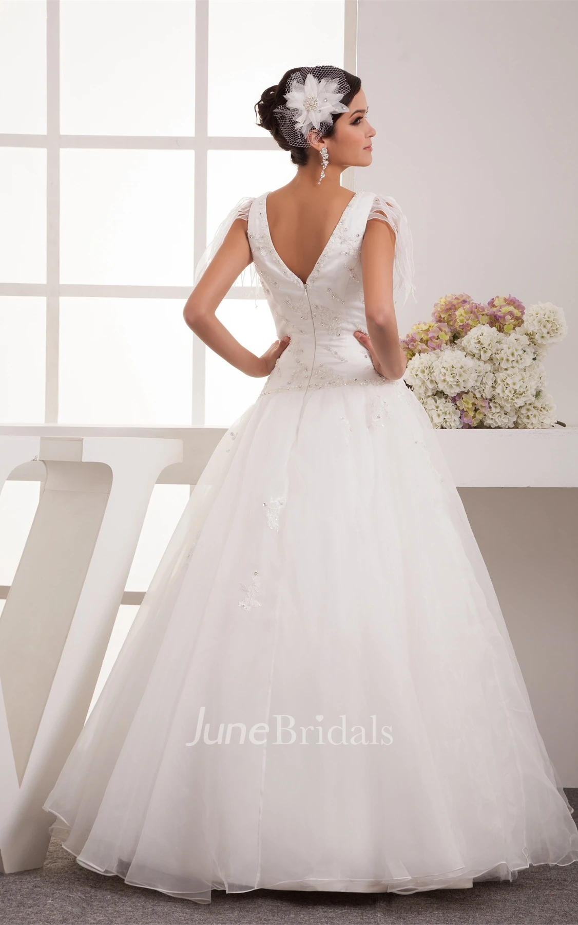 Plunged Tulle A-Line Gown with Pleats and Crystal Detailing