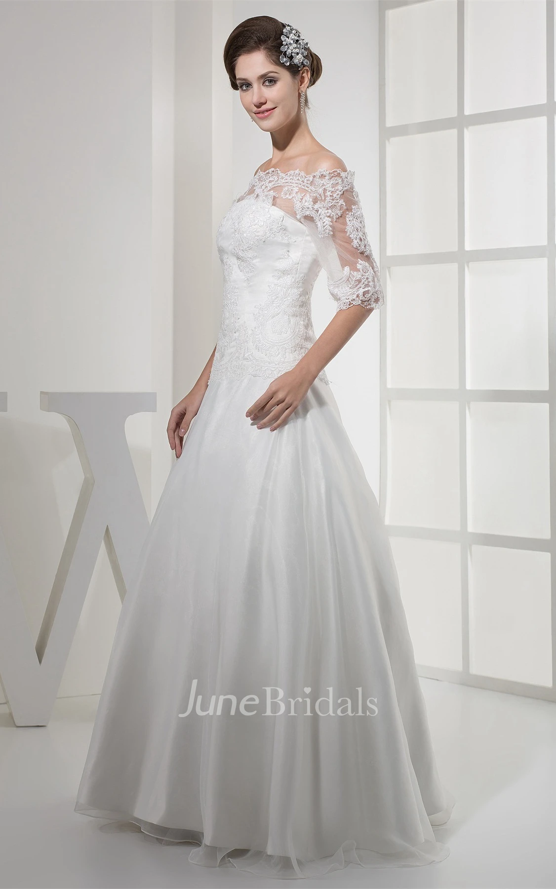Elegant Off-The-Shoulder A-Line Gown with Appliques Illusion Neckline
