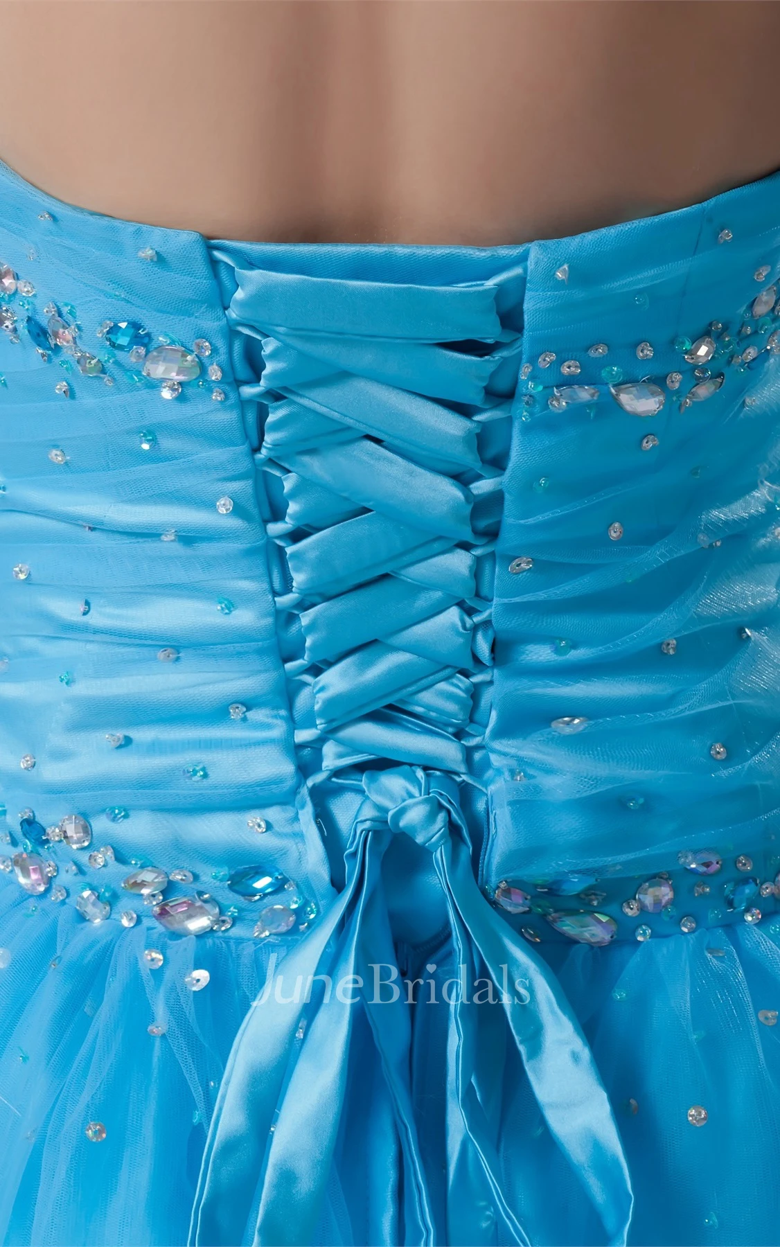 Sweetheart Jeweled Ball Gown with Ruching and Corset Back