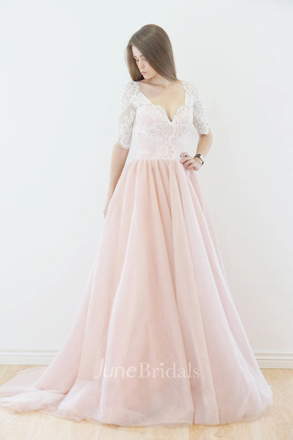Plunged Lace Half Sleeve A-Line Tulle Wedding Dress With Sweep Train