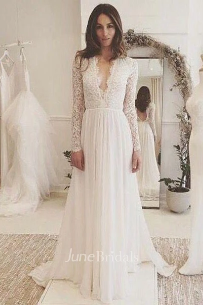 V neck Long Sleeves Backless Ivory Chiffon Wedding Dress with Lace June Bridals