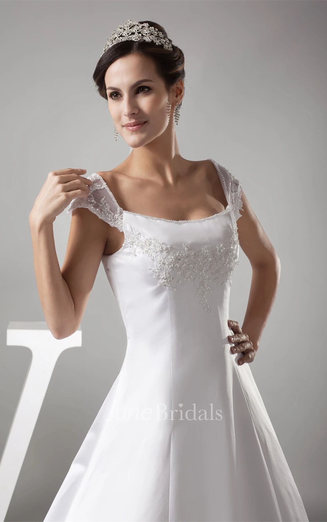 Caped-Sleeve Satin A-Line Gown with Appliques