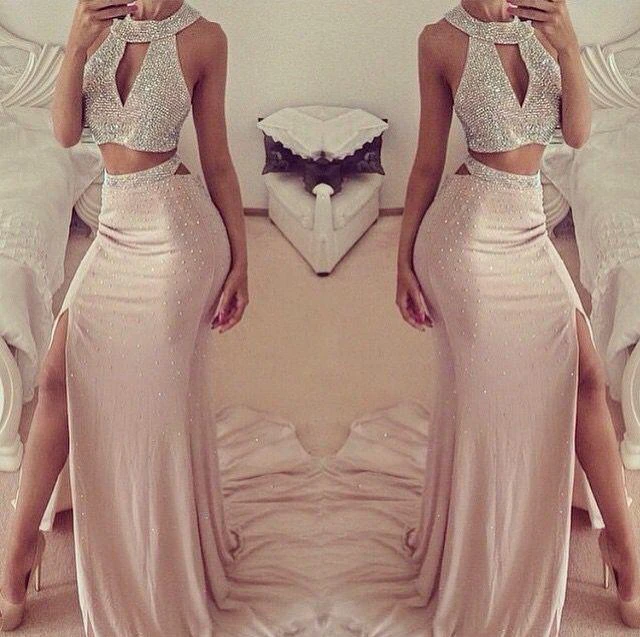 Sexy Halter Sleeveless Prom Dress With Front Split Beadings