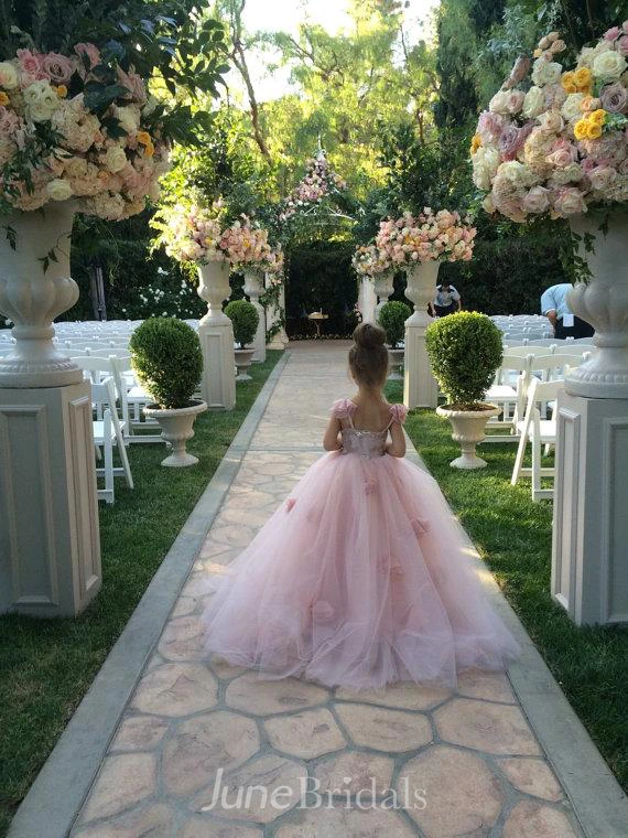 Delicate Pink Tulle Flowers Girl Pageant Dress Sweep Train