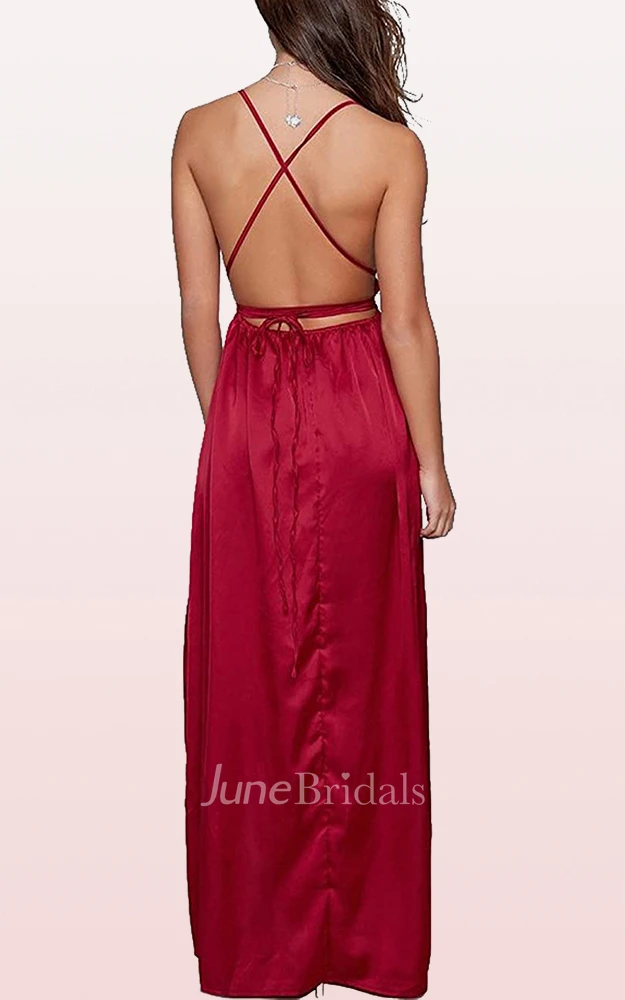A Line V-neck Cowel Satin Evening Dress With Ruffles and Split Front