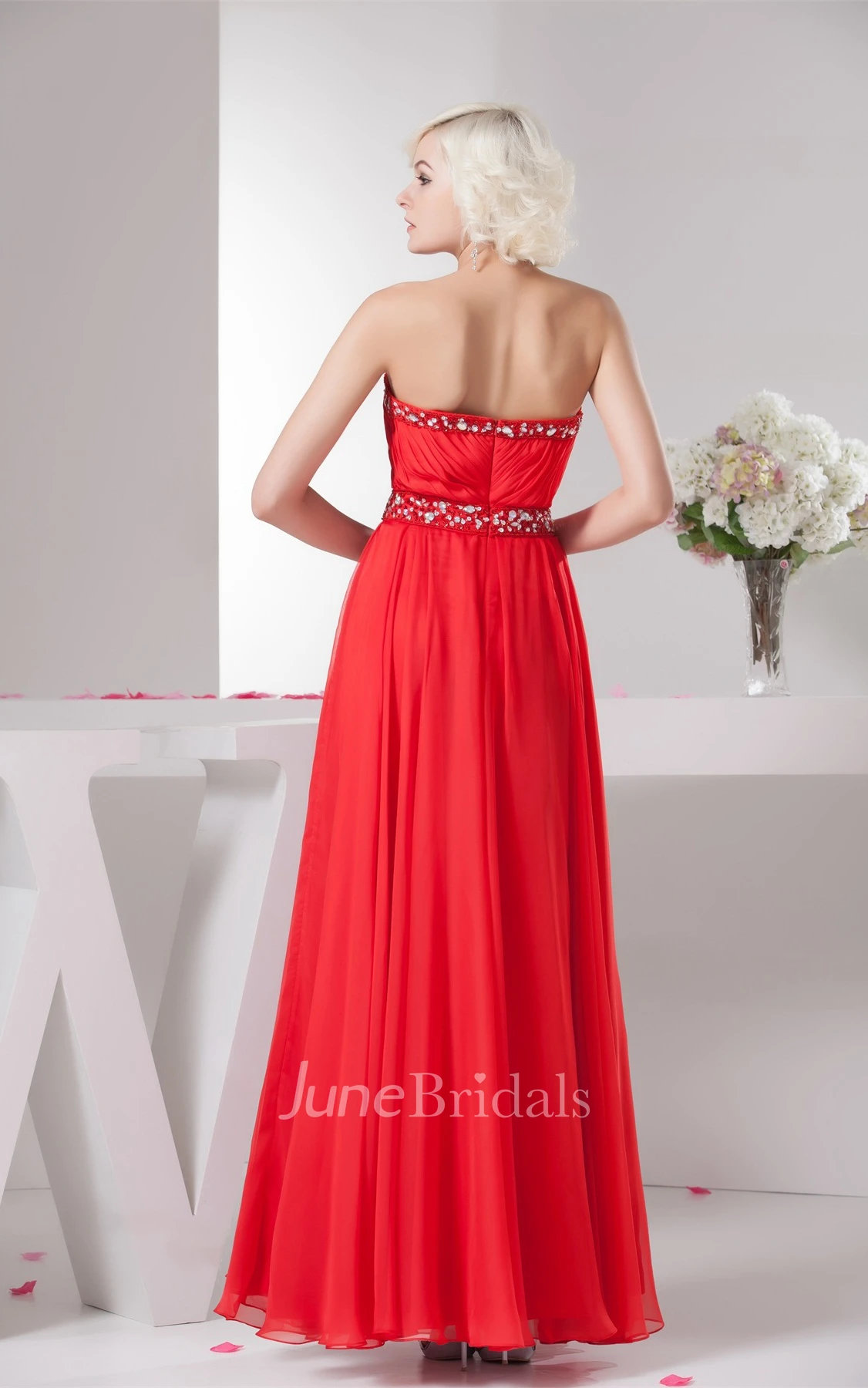 Chiffon Plunged Maxi Gown with Beading and Pleats