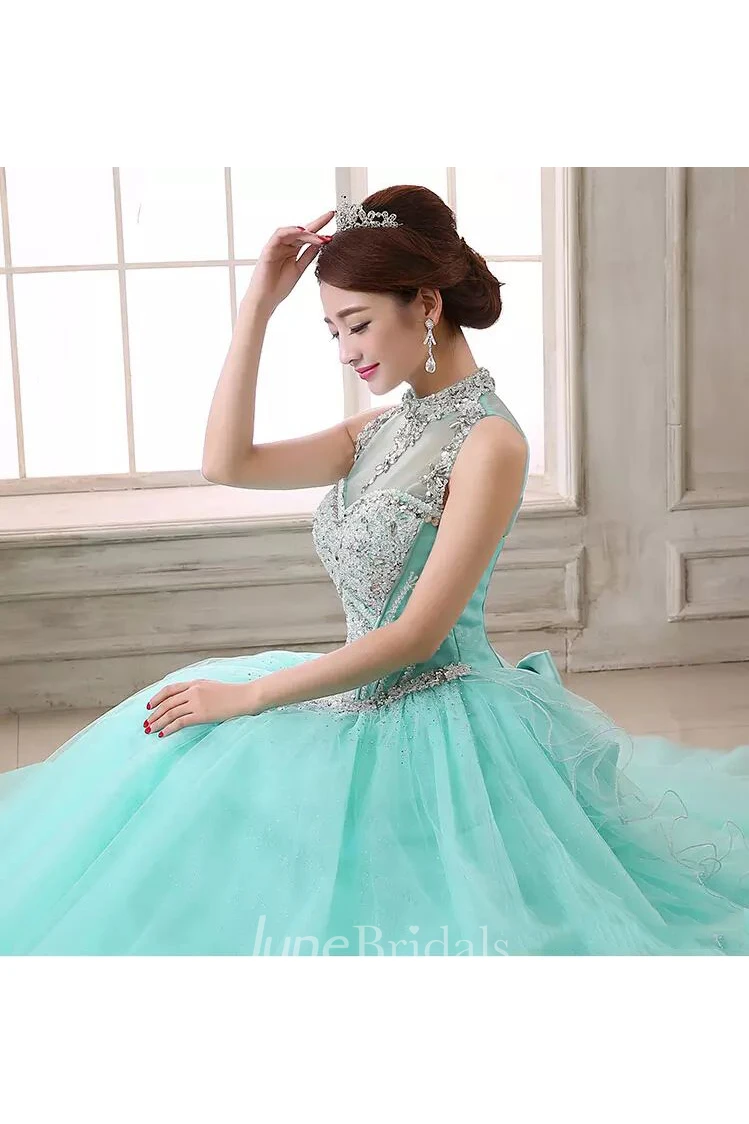 Ball Gown High Neck Sleeveless Floor-length Organza Tulle Prom Dress with Beading and Ruffles