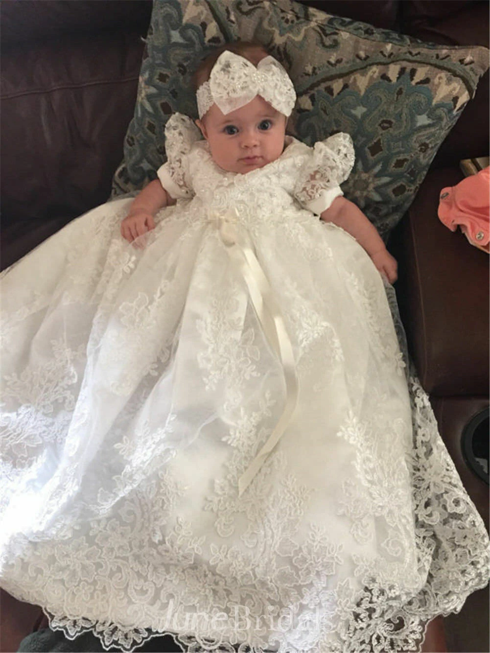 Gorgeous Lace Christening Gown With Delicate Beading And Bow