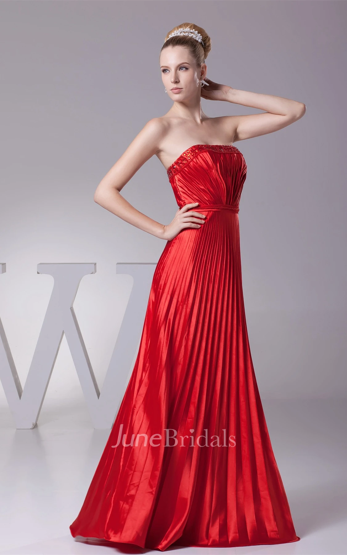 Flamboyant Strapless Pleated Dress with Ruching and Beading
