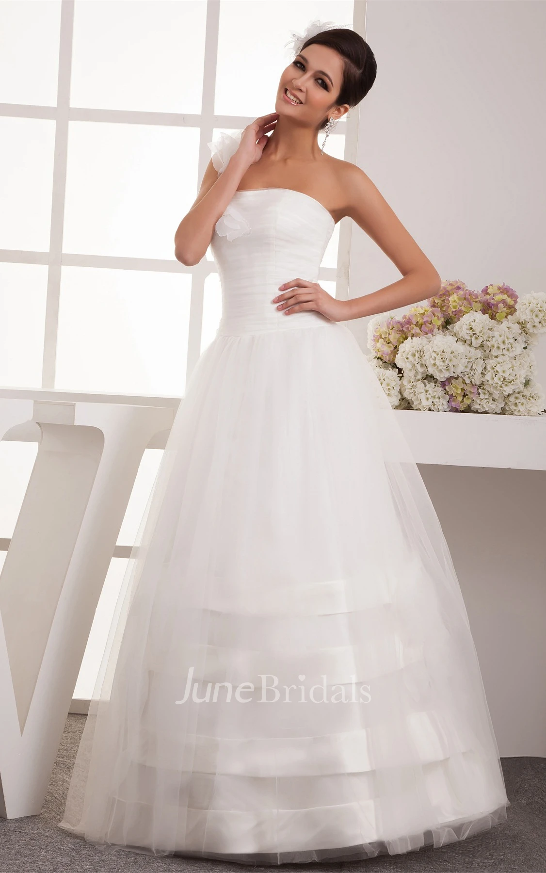 One-Shoulder Tulle A-Line Dress with Ruching and Single Strap
