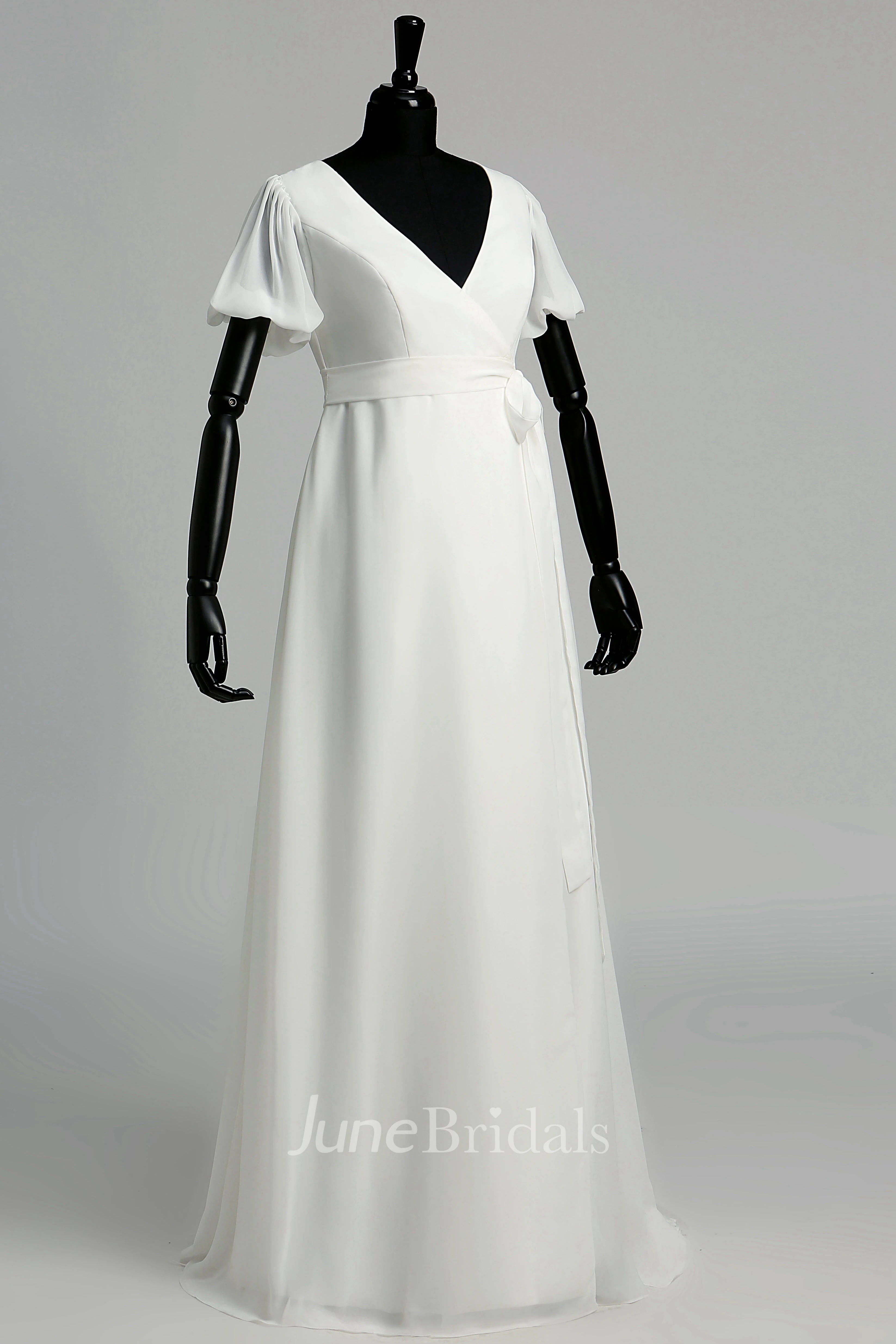 Puf Style Sleeve V-neck Long Chiffon Wedding Dress