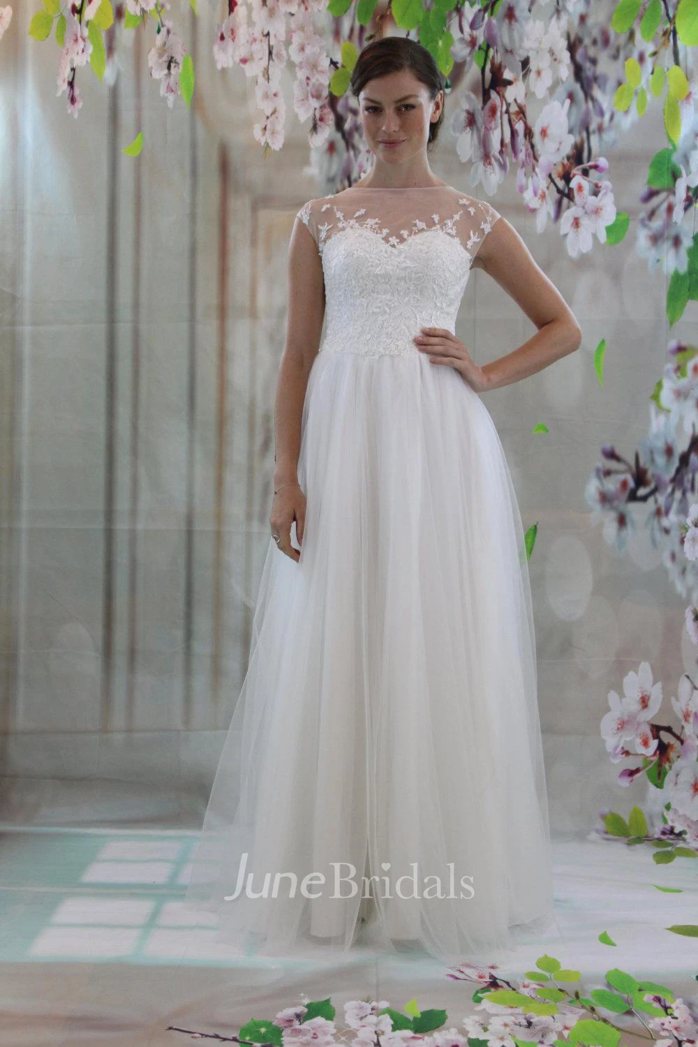 Illusion High Neck Cap Sleeve A-Line Tulle Wedding Dress With Lace Bodice