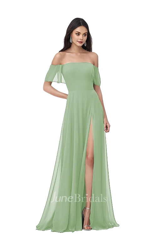 Bohemian A-Line Off-the-shoulder Chiffon Bridesmaid Dress with Split Front