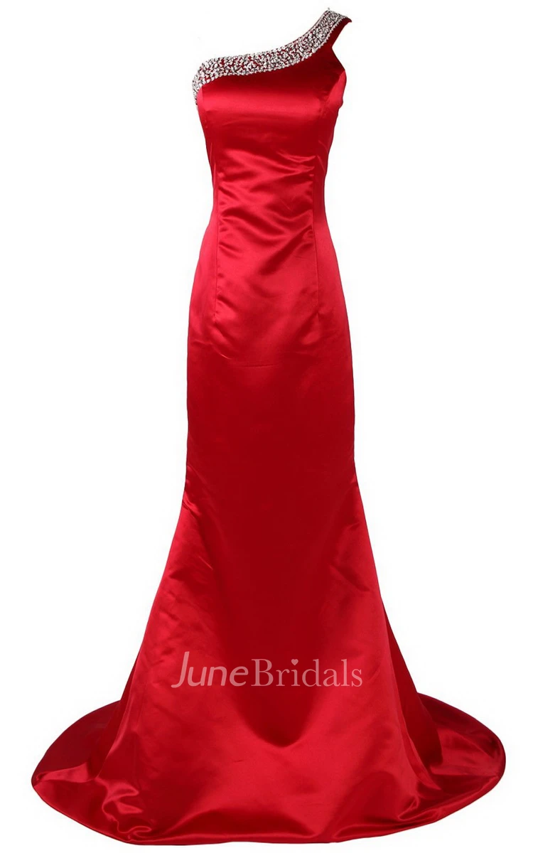One-shoulder Long Satin Dress With Beaded Neckline