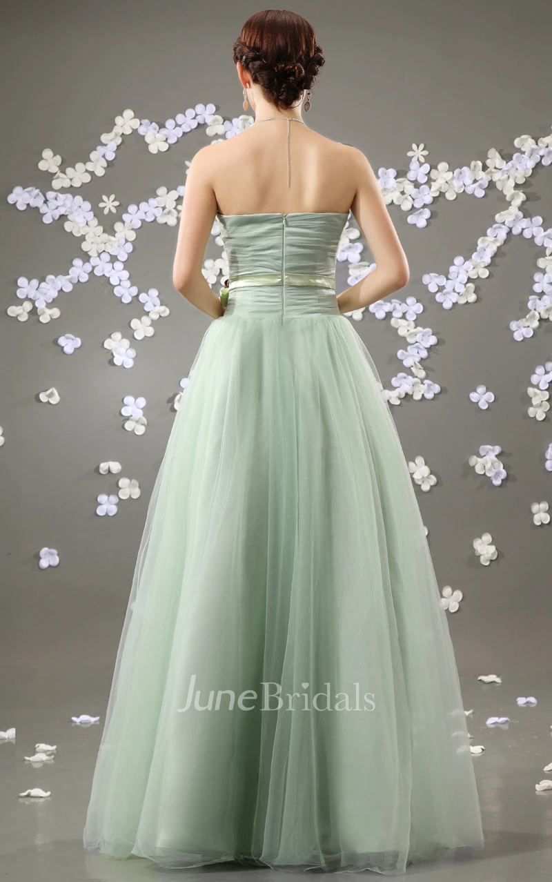 Flattering Strapless A-Line Dress With Satin Sash And Flower