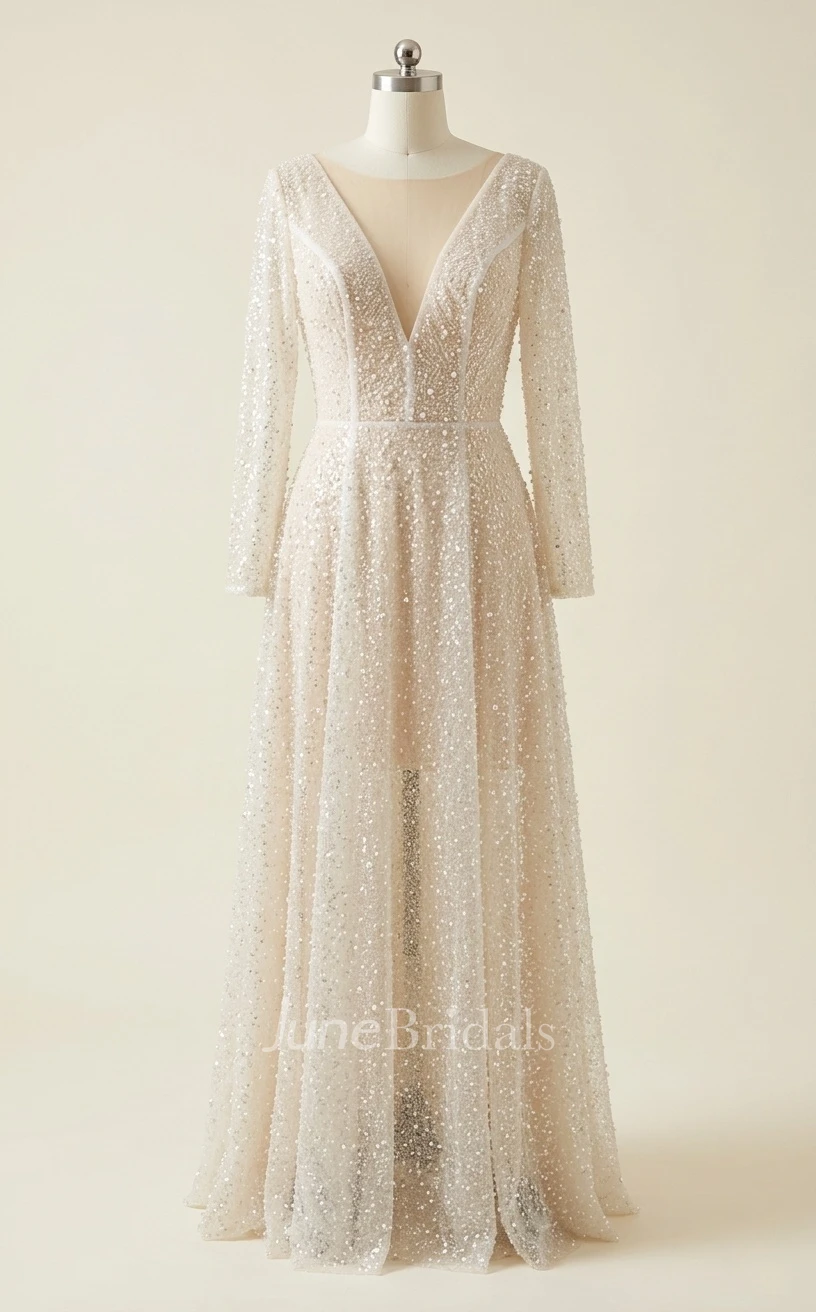 Beach A-Line Long Sleeve Spring Wedding Dress Sparkly Casual V-Neck Floor Length Bridal Gown