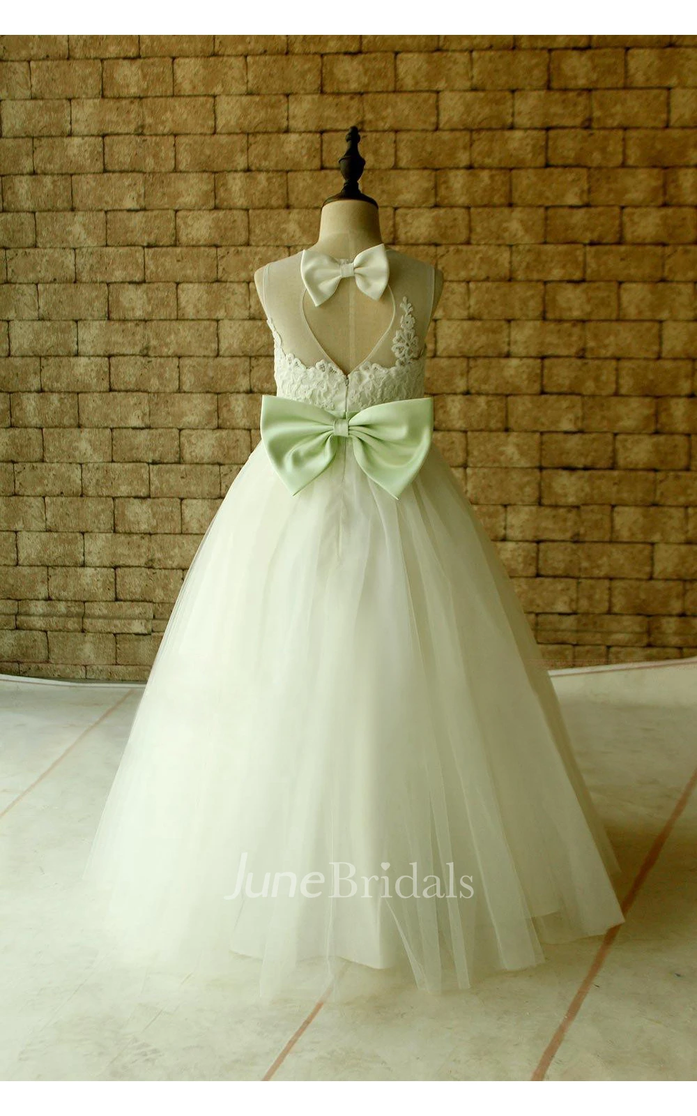 Ivory Lace Flower Girl Dress Floor Length With Mint Sash and Bow