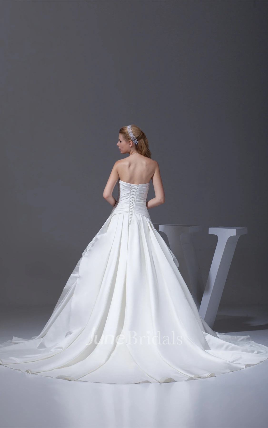 Ruched Criss-Cross Strapless Bodice Gown with Ruffles and Embellishment