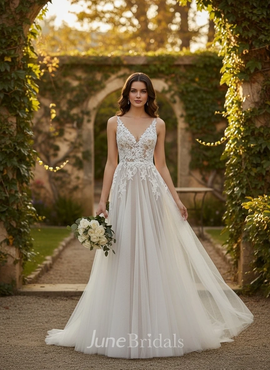Romantic A-Line Lace Boho Wedding Dress Ethereal Tulle Bridal Gown for Garden and Destination Weddings