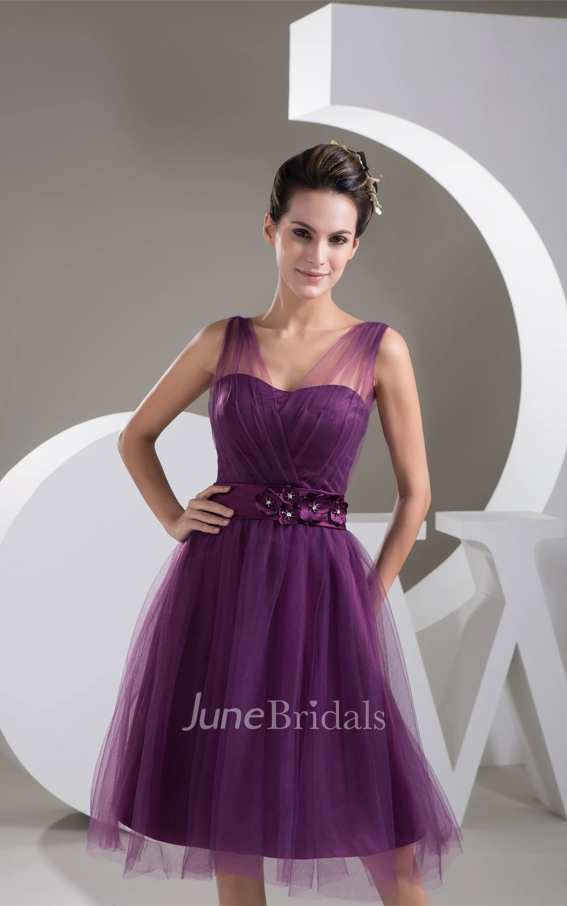Strapped Tulle Knee-Length Dress with Floral Waist