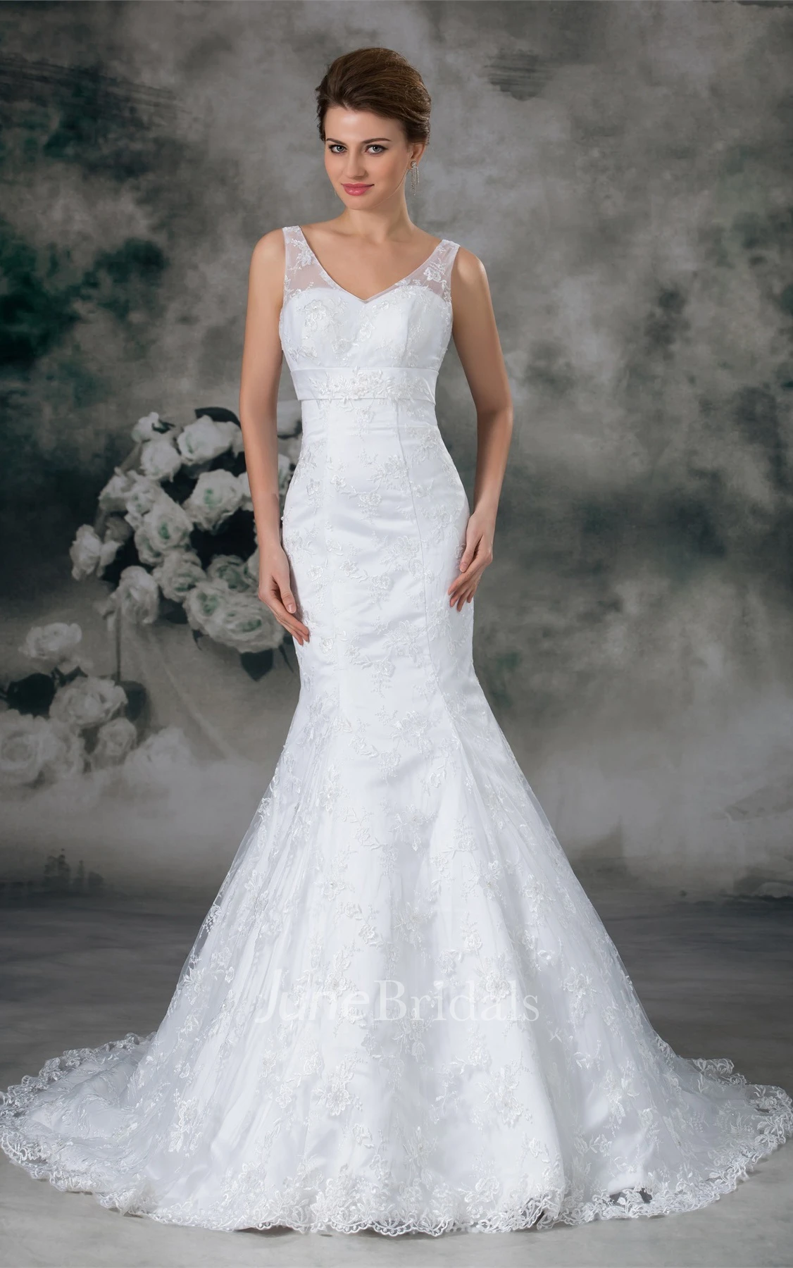 plunged mermaid sleeveless gown with low-v back and lace
