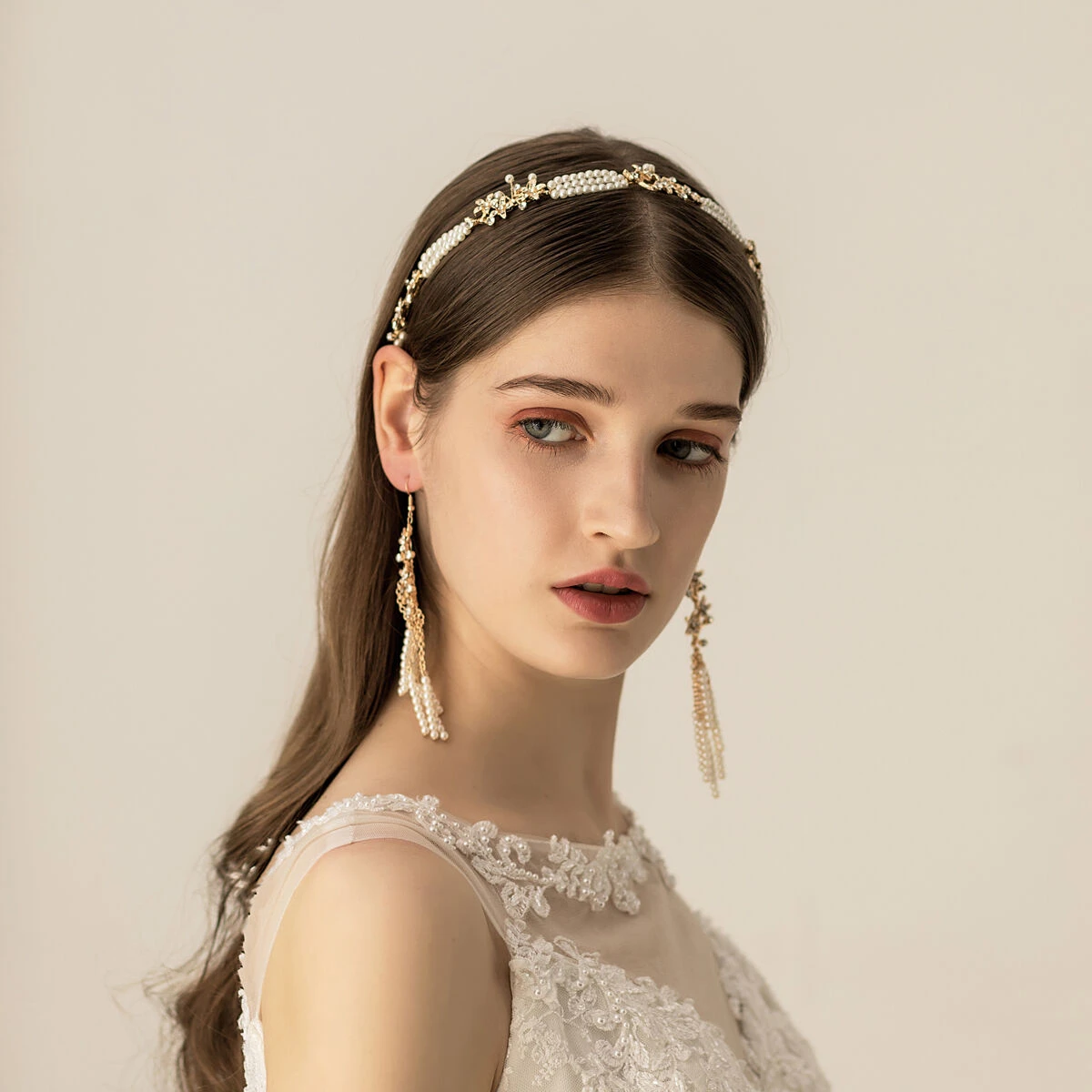 Trendy Pearl Alloy Bridal Headbands and Earrings 