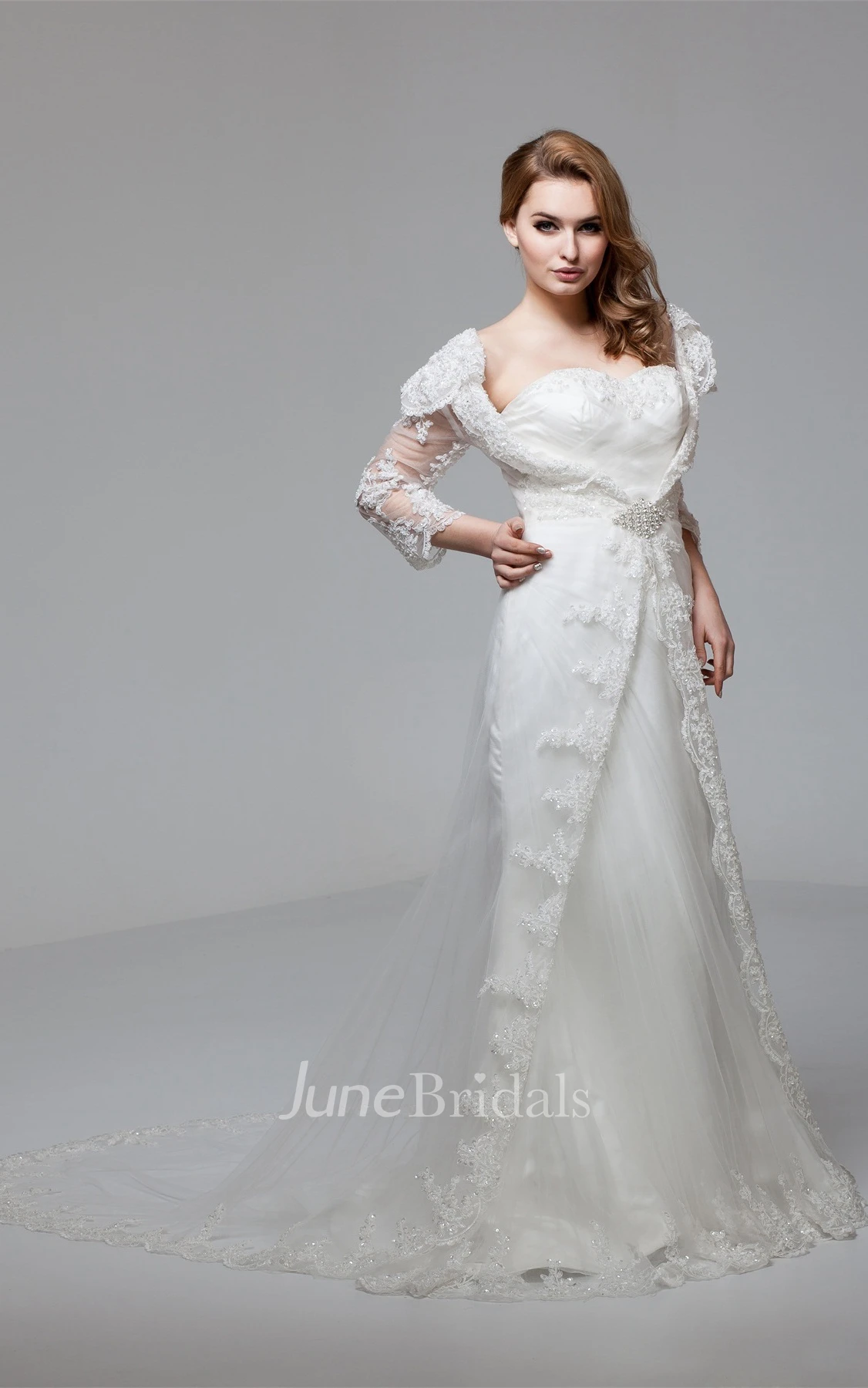 Sweetheart Lace A-Line Gown with Broach and Illusion Sleeves