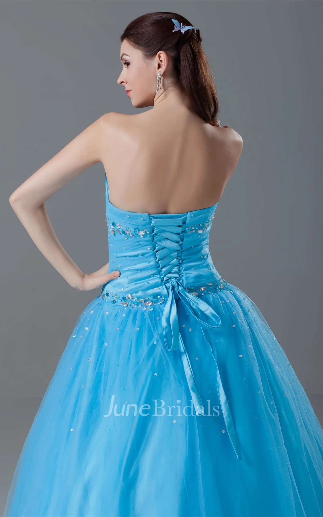 Sweetheart Jeweled Ball Gown with Ruching and Corset Back