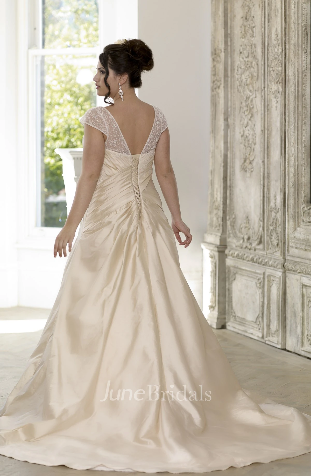 A-Line Long V-Neck Cap Satin Court Train Corset Back Draping Dress