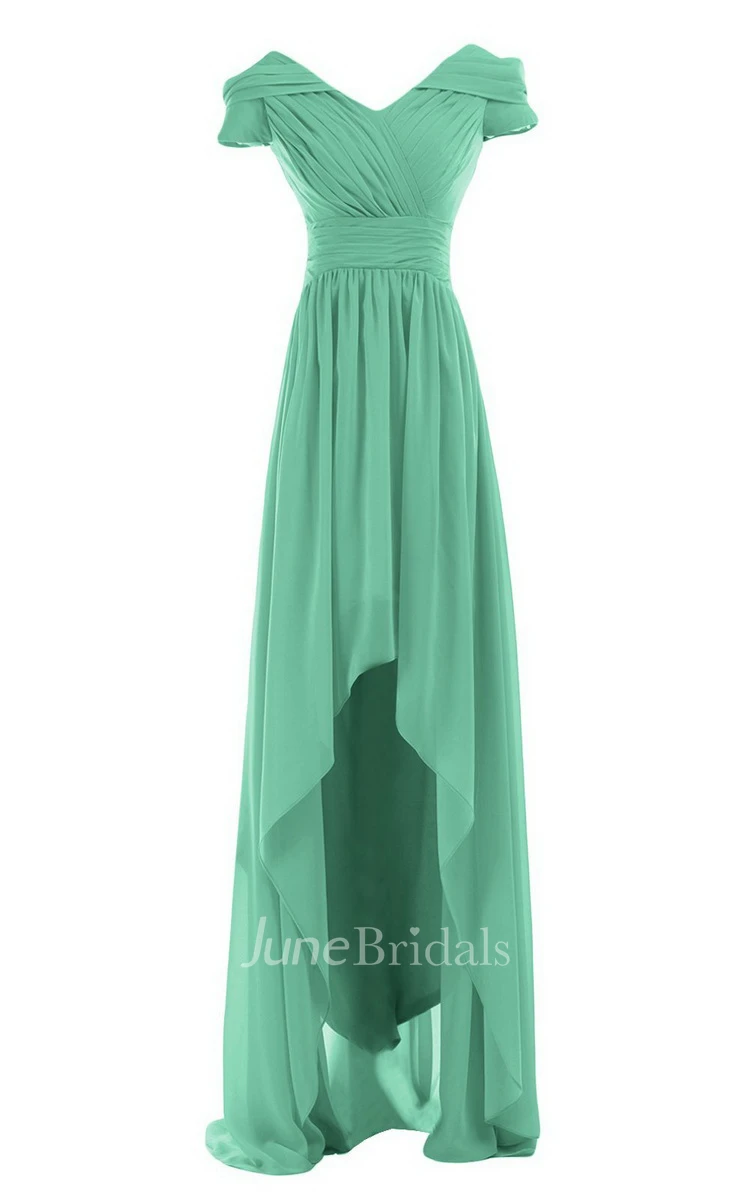 Short-sleeved Highlow Empire Ruched Chiffon Dress