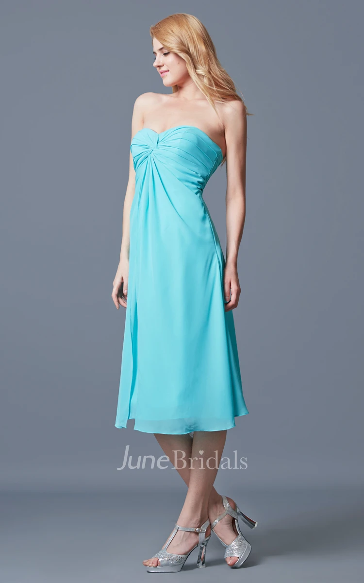 Sleeveless Sweetheart Ruched Tea-length Chiffon Dress